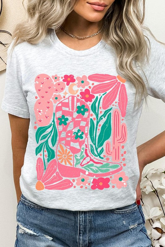 Boho Cowgirl Boot Floral Graphic T Shirts - House of Binx