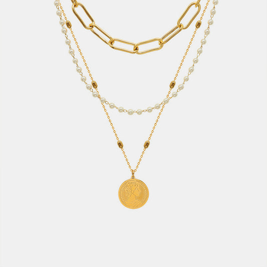 Synthetic Pearl Titanium Steel Three-Layered Necklace - House of Binx