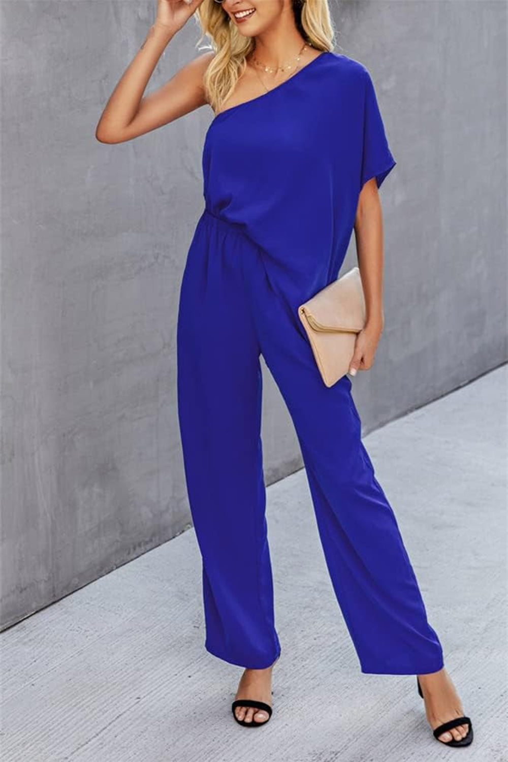 Single Shoulder Short Sleeve Jumpsuit - House of Binx