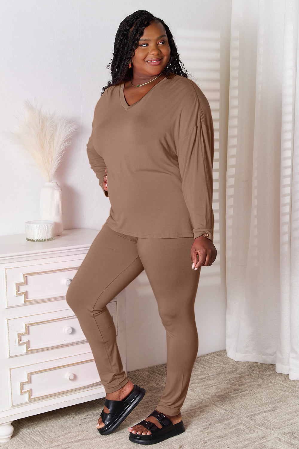Basic Bae Full Size V-Neck Soft Rayon Long Sleeve Top and Pants Lounge Set - House of Binx
