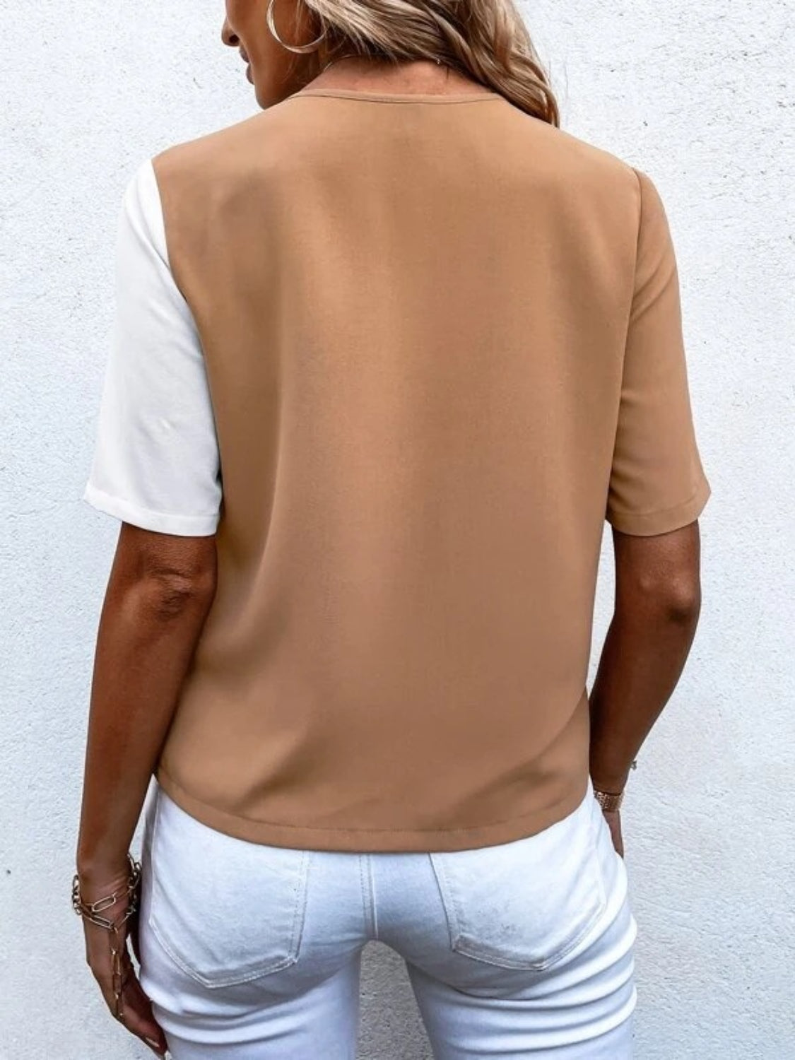 Decorative Button Surplice Short Sleeve Blouse - House of Binx
