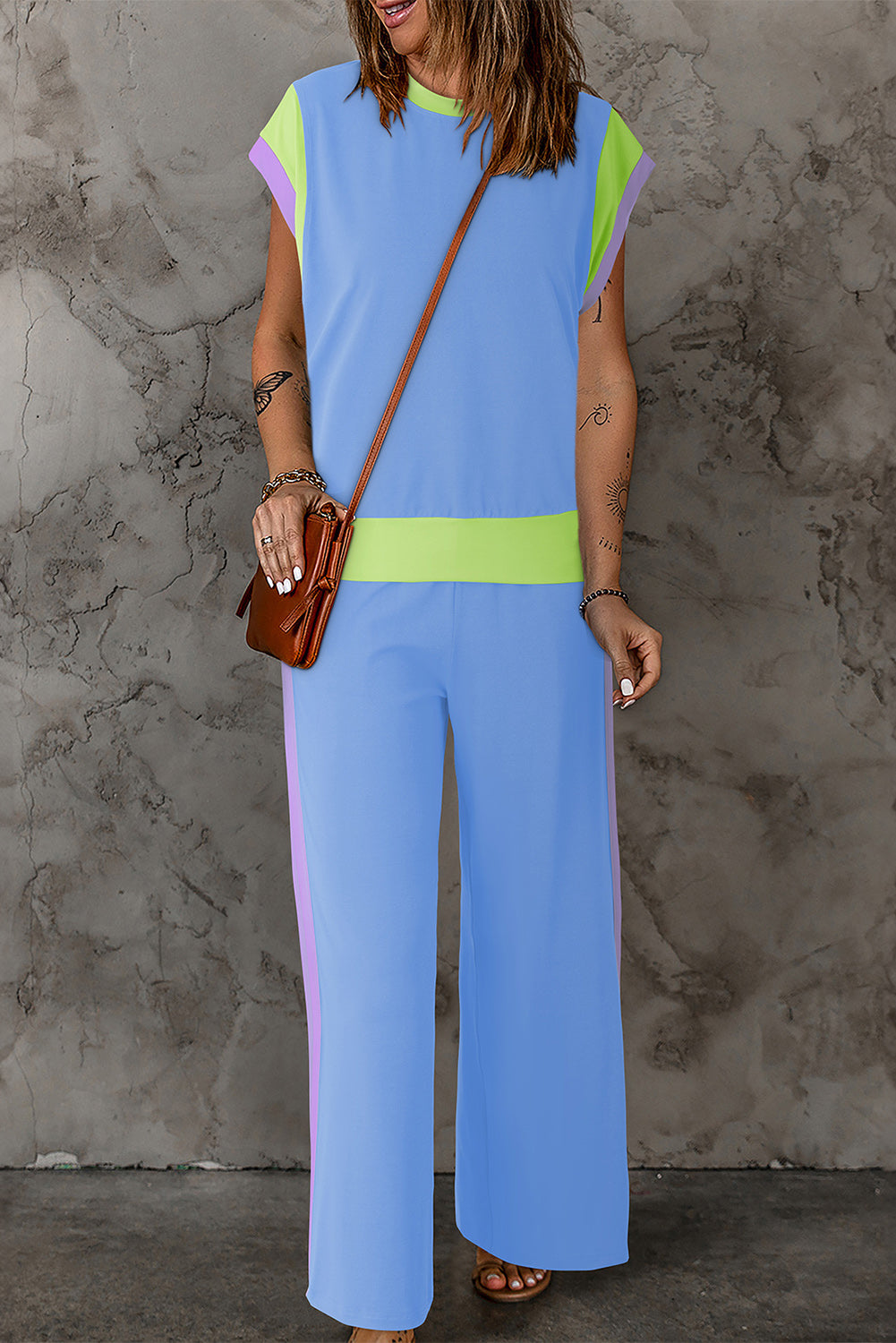 Contrast Round Neck Top and Pants Set - House of Binx