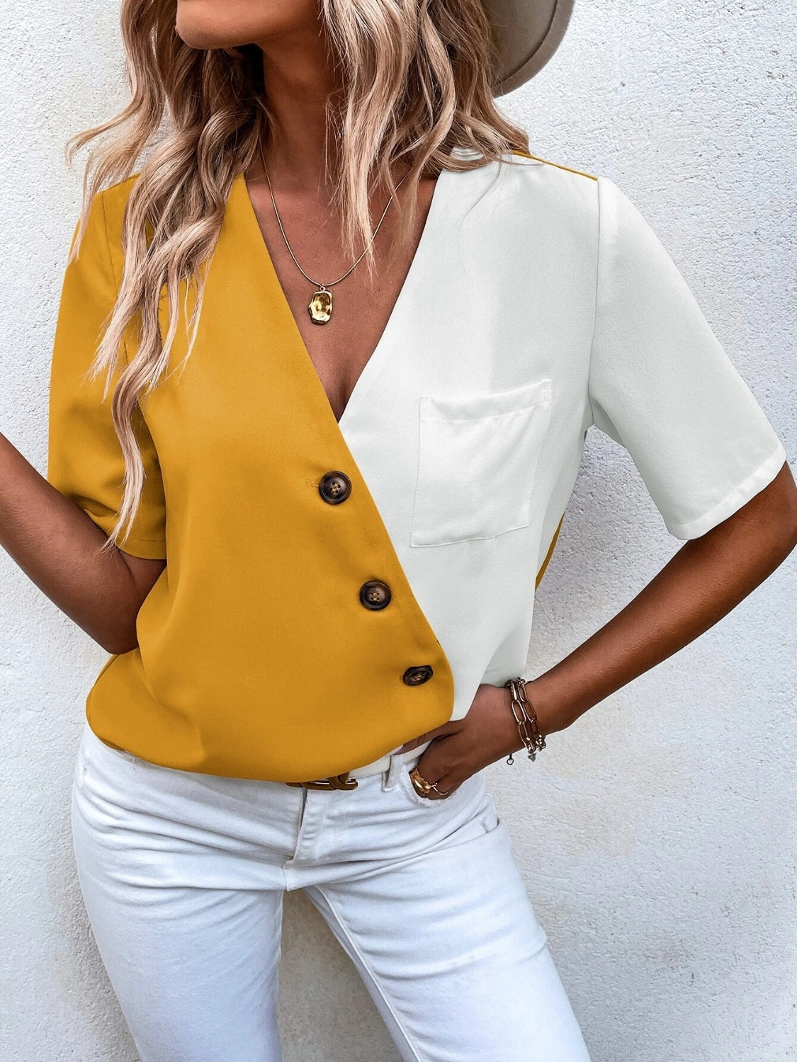 Decorative Button Surplice Short Sleeve Blouse - House of Binx