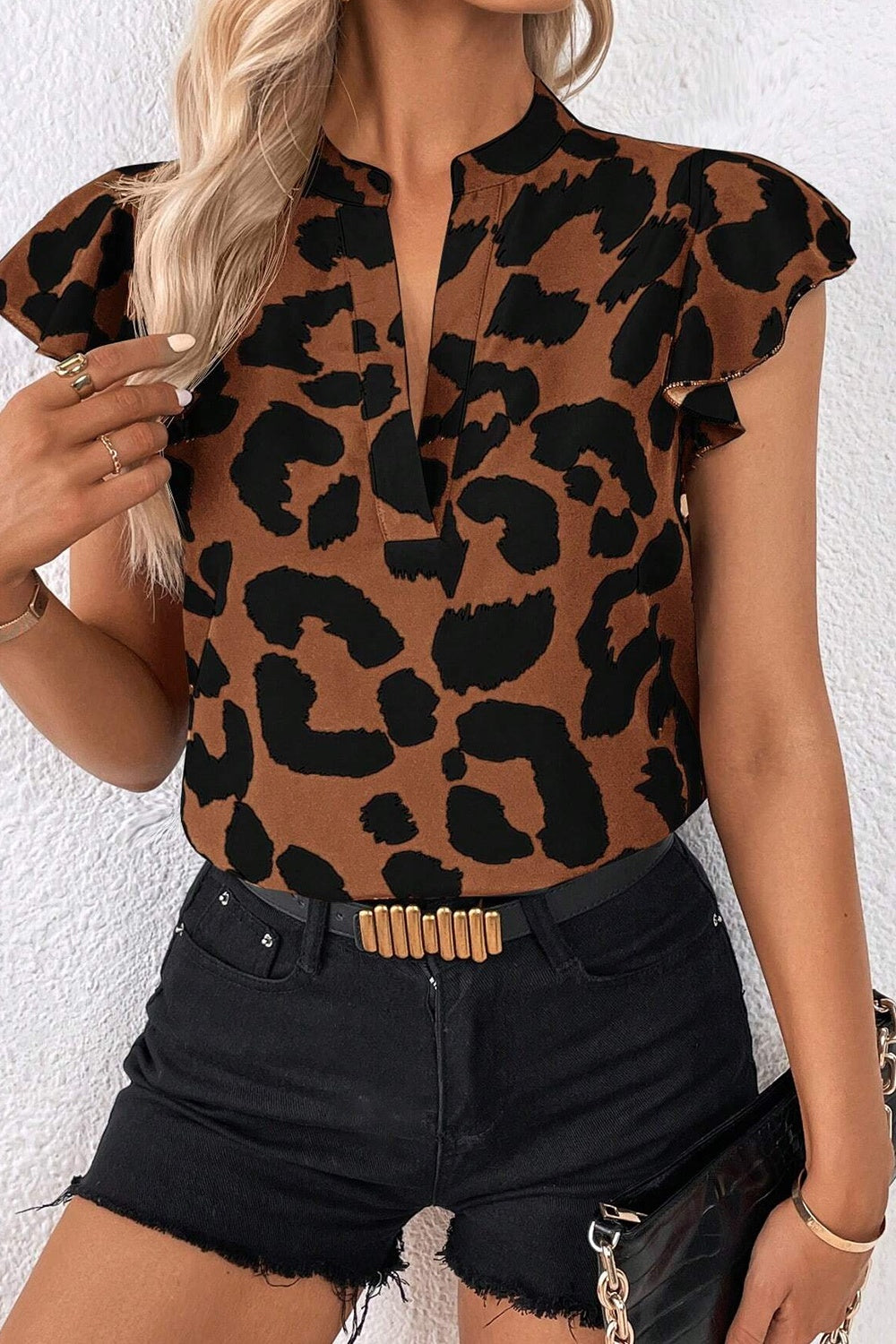 Leopard Notched Cap Sleeve Blouse - House of Binx
