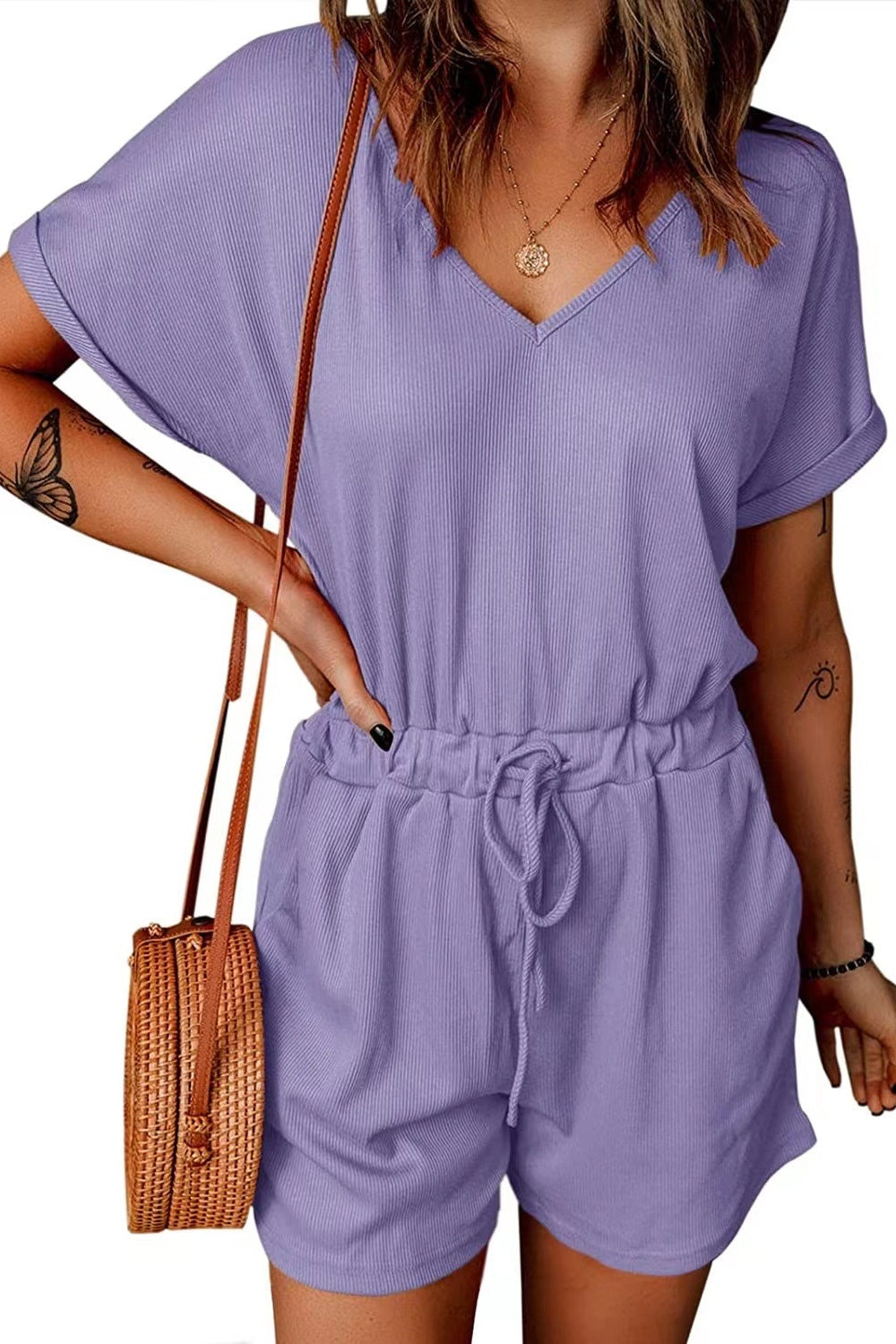 Full Size Drawstring V-Neck Short Sleeve Romper - House of Binx