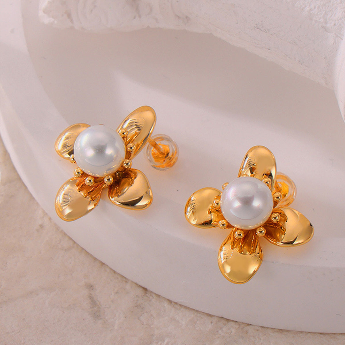 Synthetic Pearl Titanium Steel Flower Earrings - House of Binx