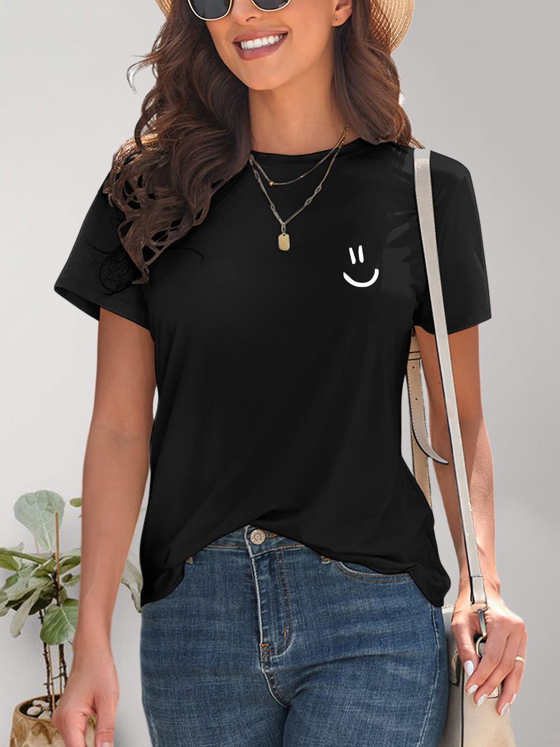 Smile Graphic Round Neck Short Sleeve T-Shirt - House of Binx