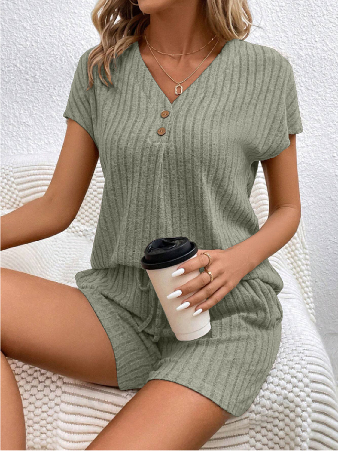 Ribbed V-Neck Top and Shorts Set - House of Binx