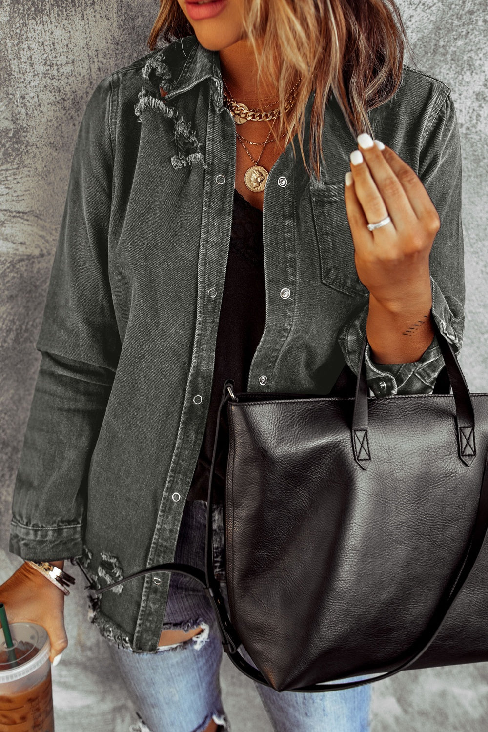 Distressed Raw Hem Snap Down Denim Jacket - House of Binx