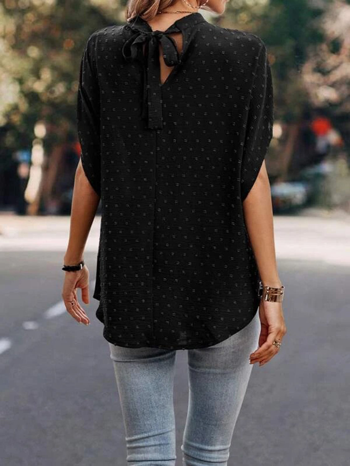 Swiss Dot Mock Neck Half Sleeve Blouse - House of Binx