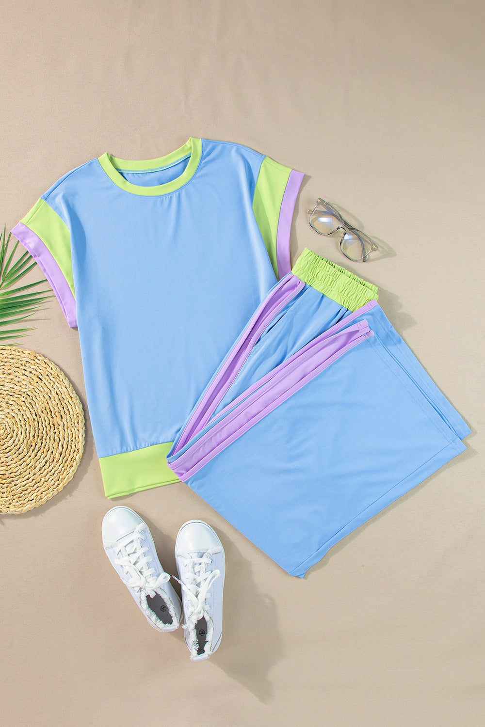 Contrast Round Neck Top and Pants Set - House of Binx