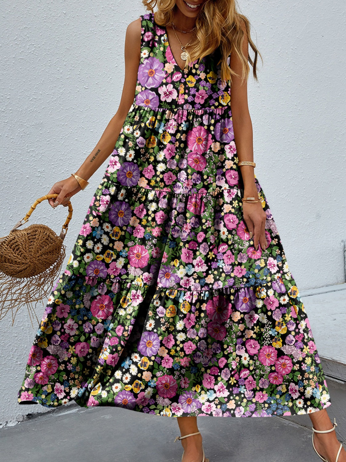 Tiered Printed V-Neck Sleeveless Dress - House of Binx