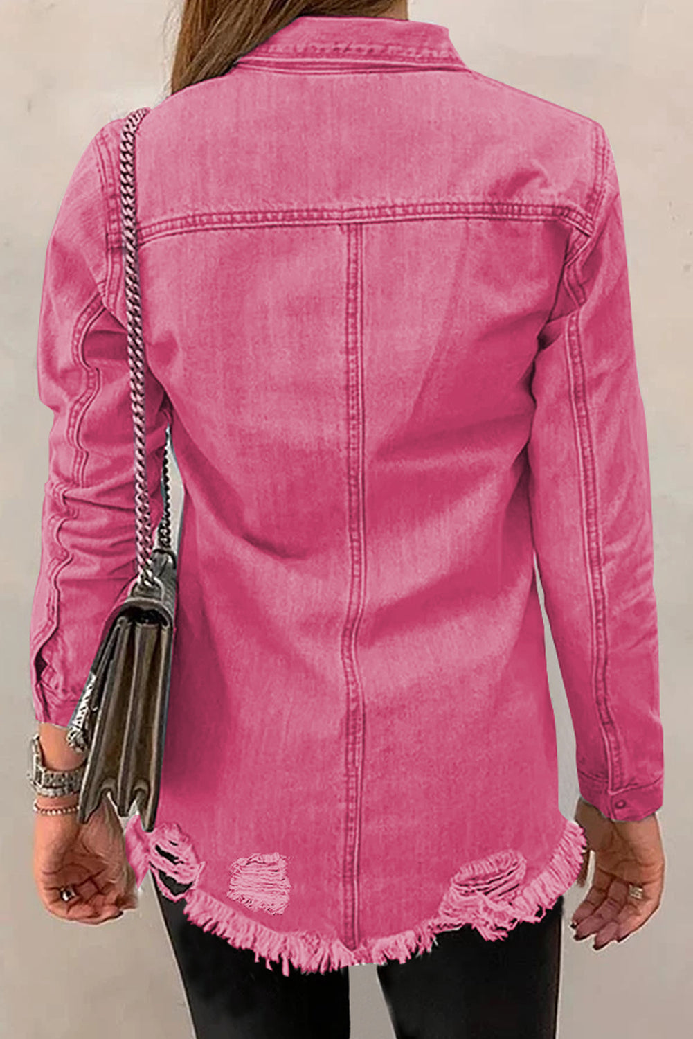 Distressed Raw Hem Snap Down Denim Jacket - House of Binx