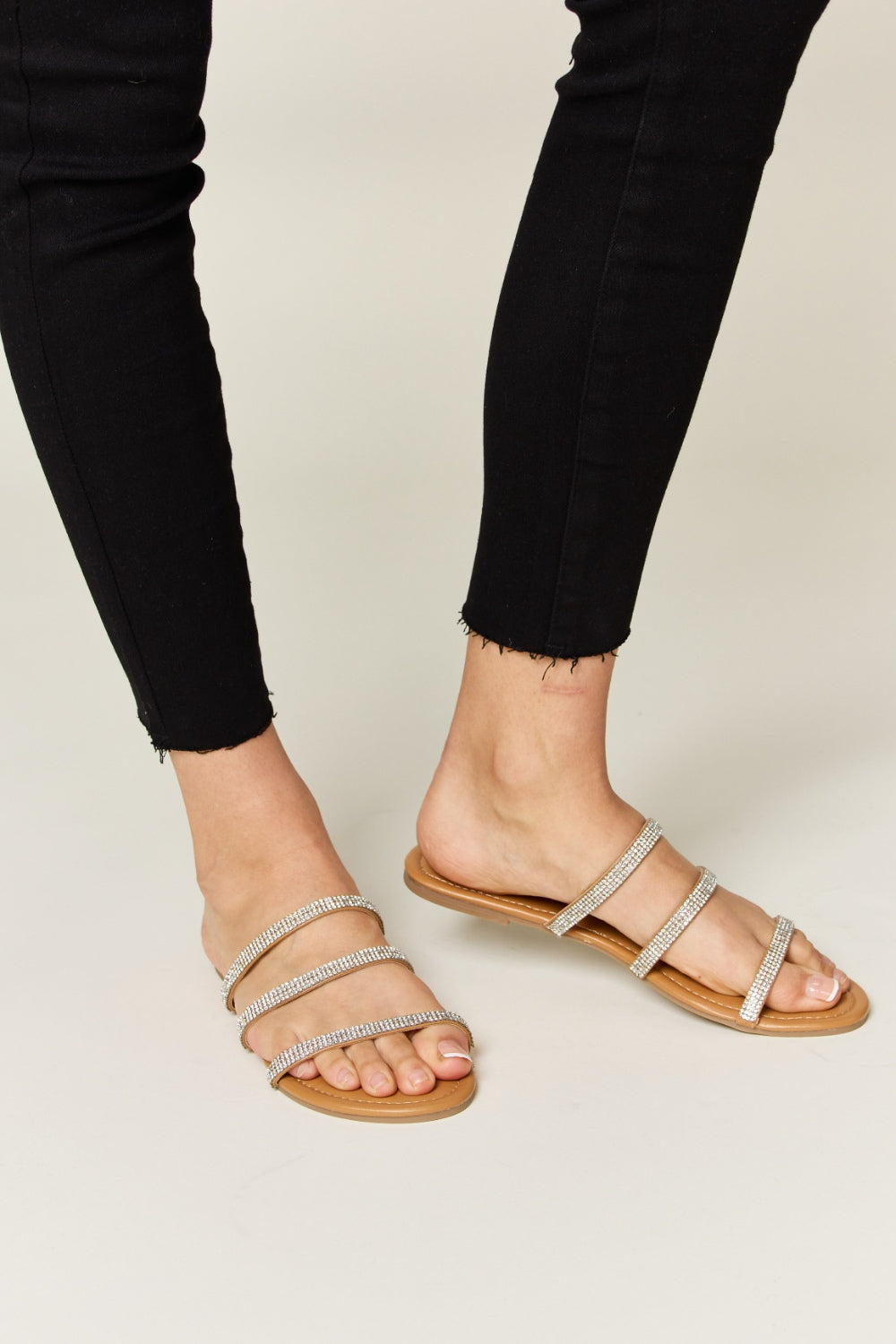 WILD DIVA Rhinestone Three-Strap Flat Sandals - House of Binx