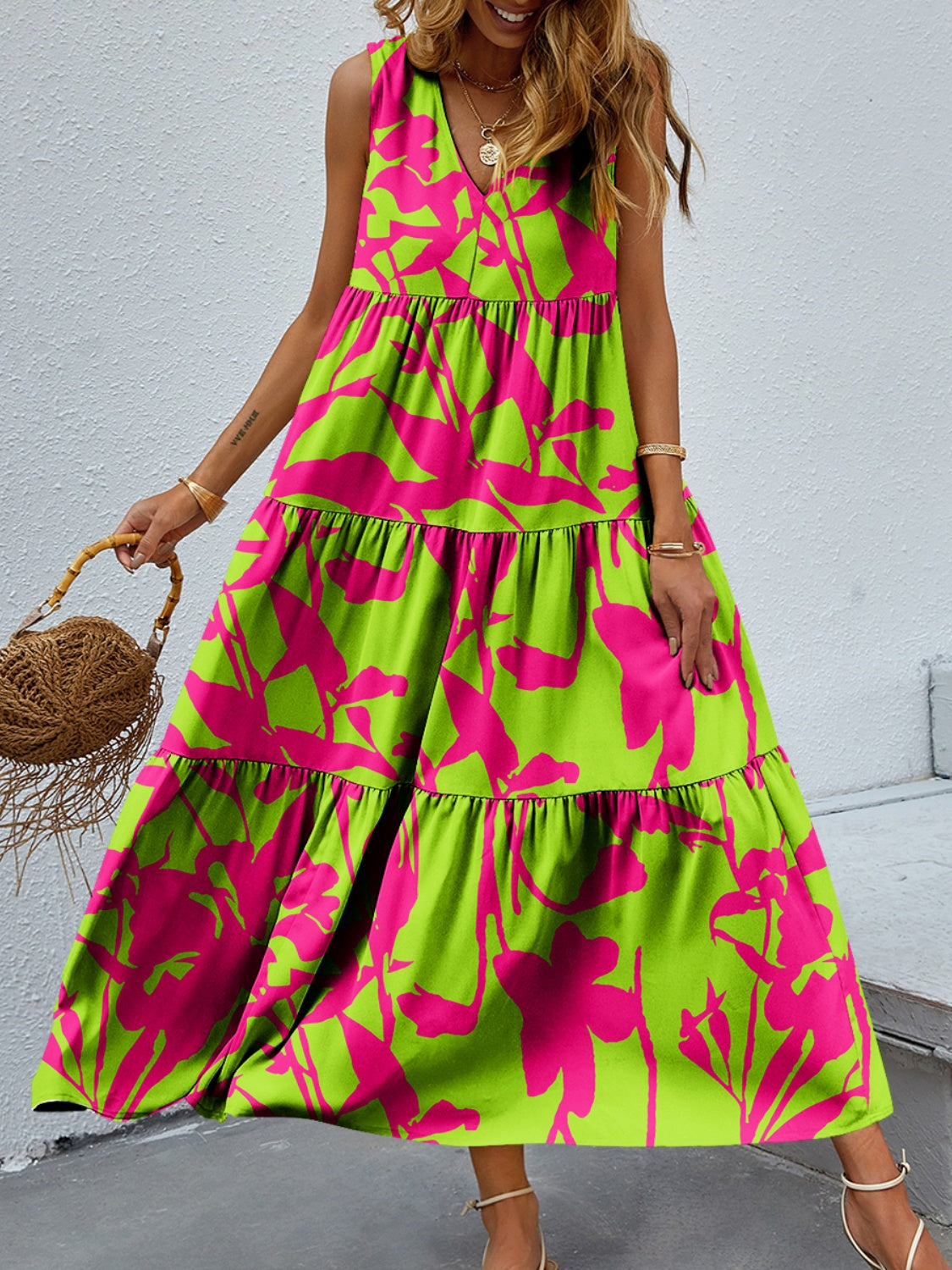 Tiered Printed V-Neck Sleeveless Dress - House of Binx