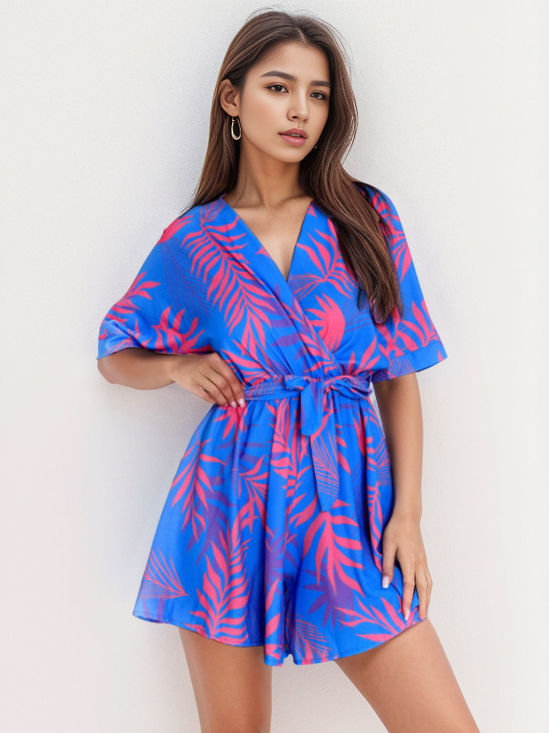 Printed Surplice Half Sleeve Romper - House of Binx