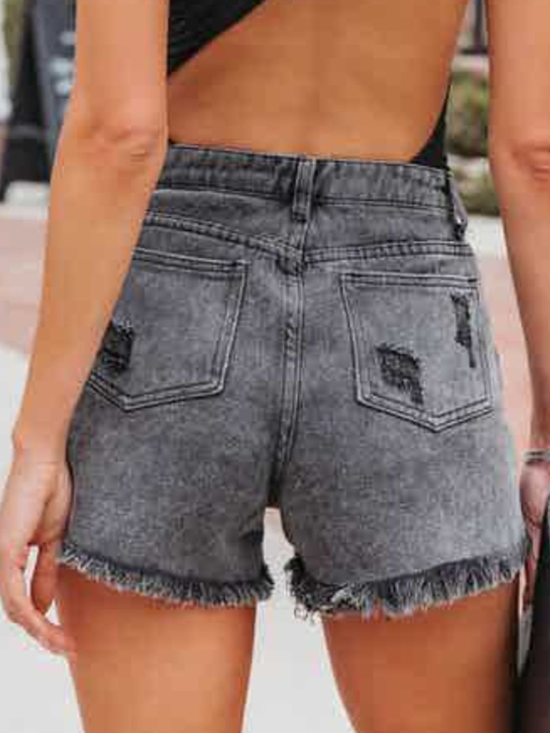 Distressed Fringe Denim Shorts with Pockets - House of Binx