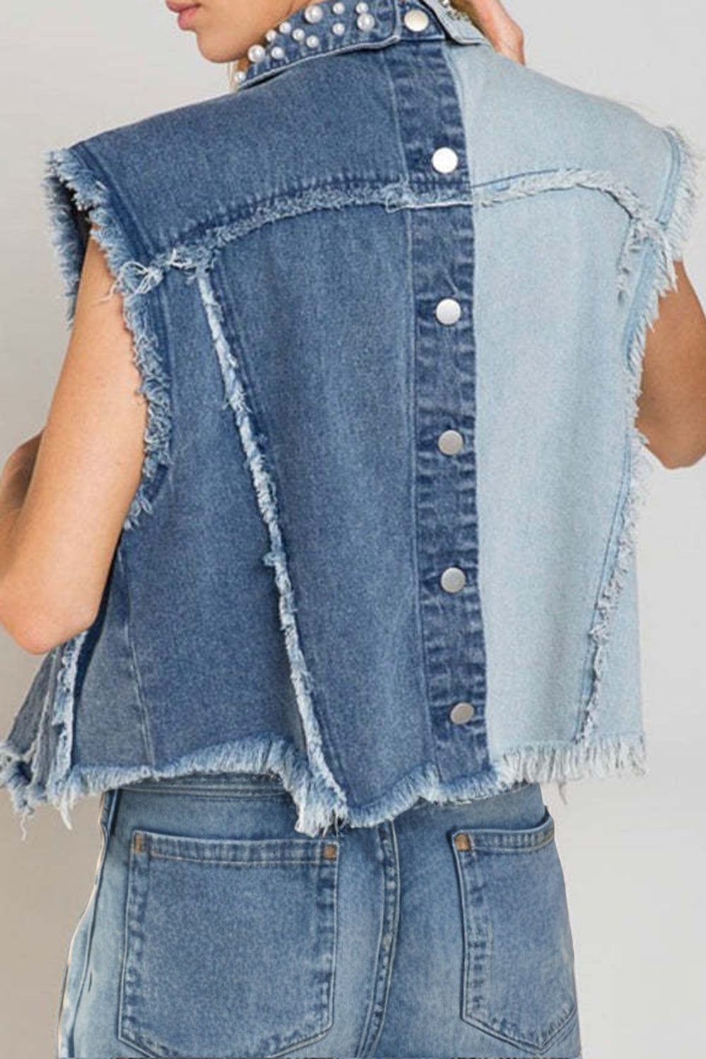 Pearl Raw Hem Sleeveless Denim Jacket - House of Binx