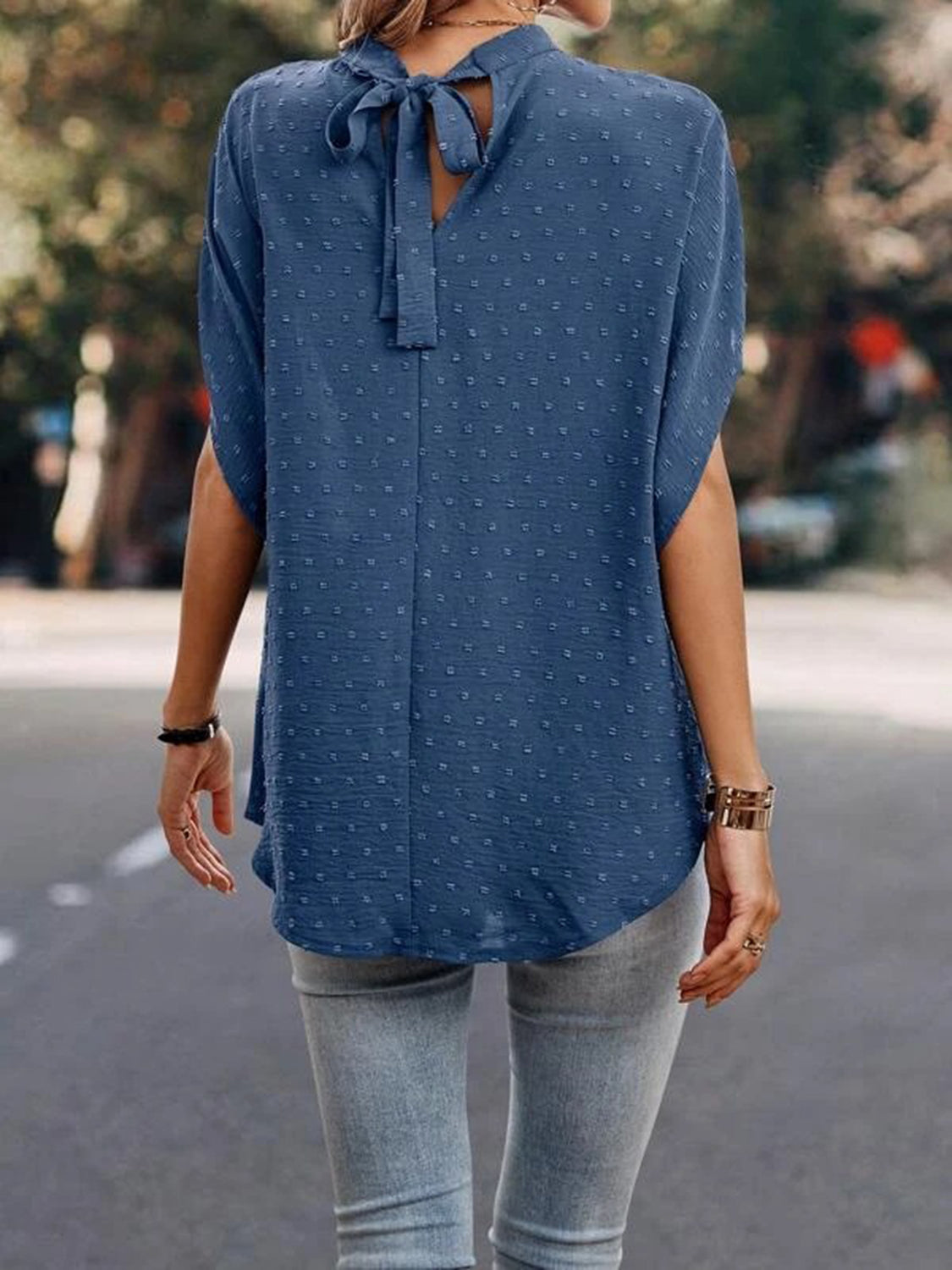 Swiss Dot Mock Neck Half Sleeve Blouse - House of Binx
