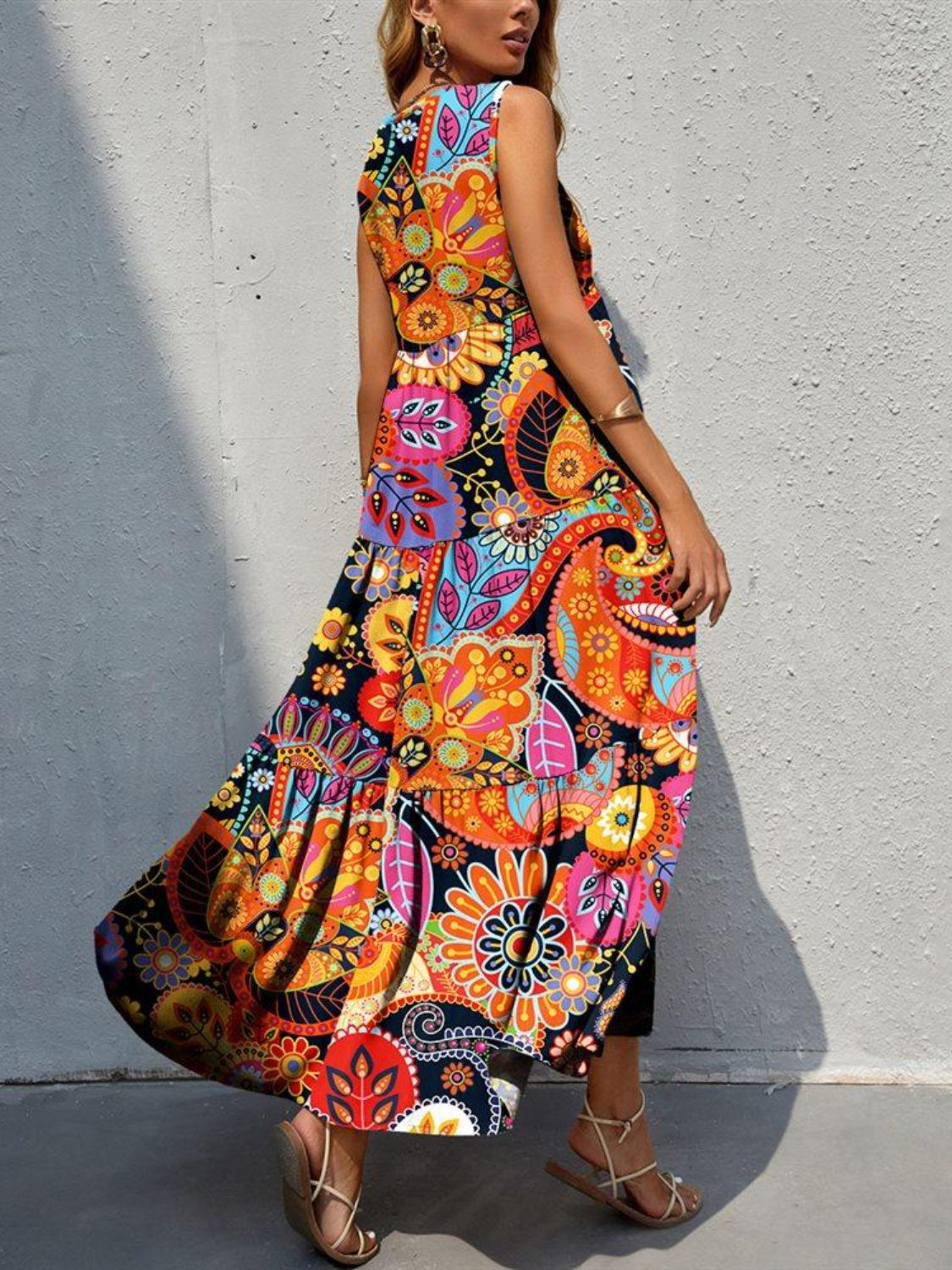 Tiered Printed V-Neck Sleeveless Dress - House of Binx