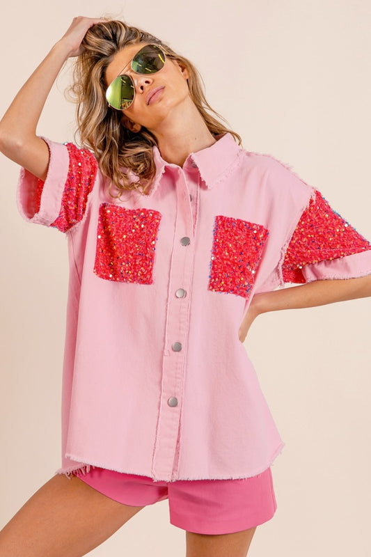 BiBi Sequin Detail Raw Hem Short Sleeve Shirt - House of Binx