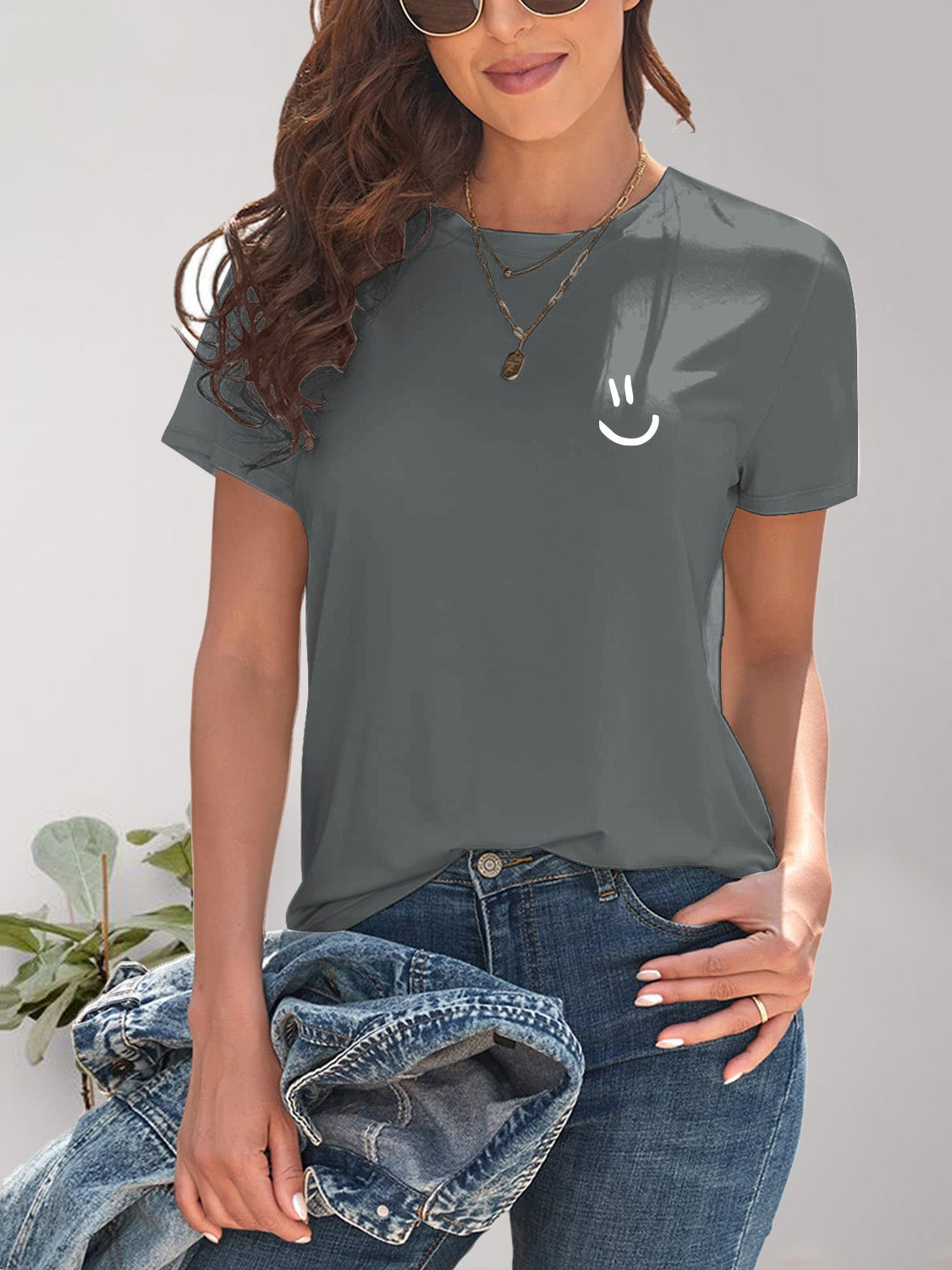 Smile Graphic Round Neck Short Sleeve T-Shirt - House of Binx