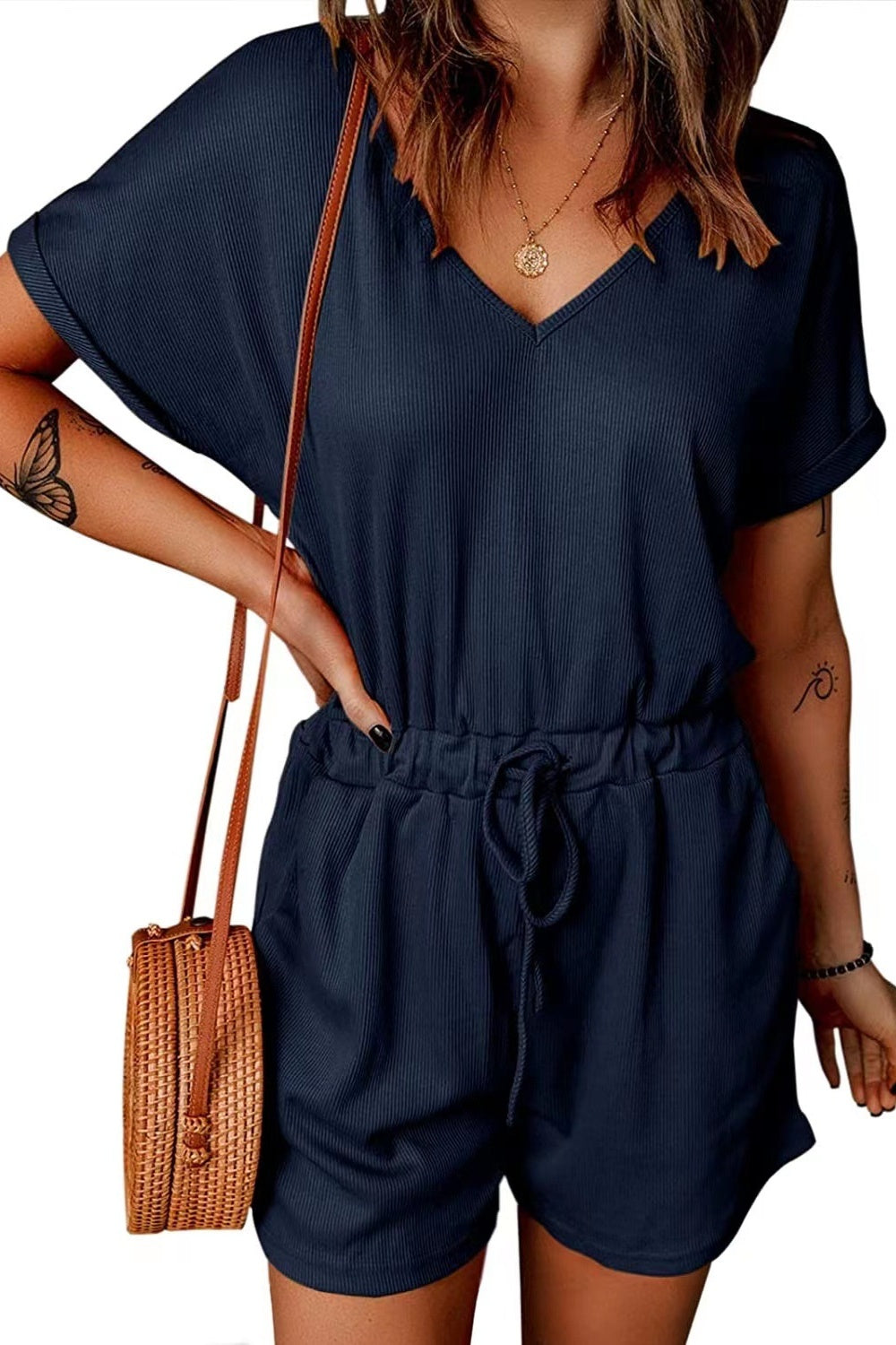 Full Size Drawstring V-Neck Short Sleeve Romper - House of Binx