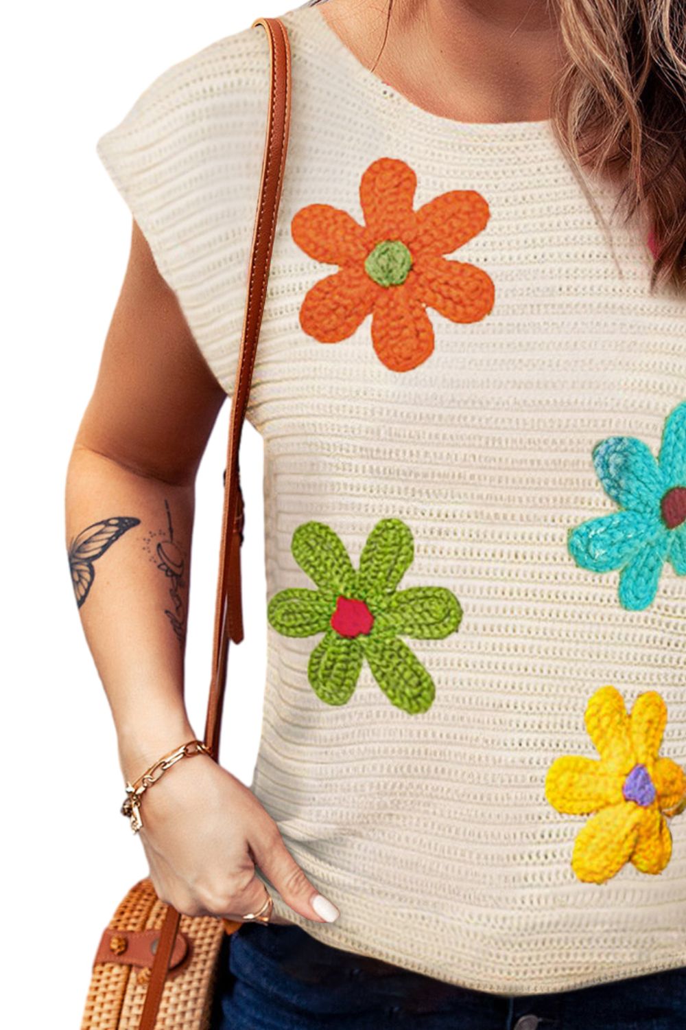 Flower Round Neck Cap Sleeve Knit Top - House of Binx