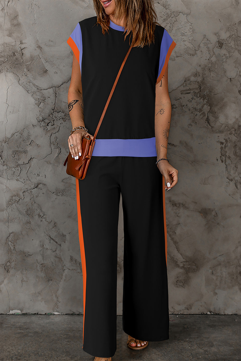 Contrast Round Neck Top and Pants Set - House of Binx