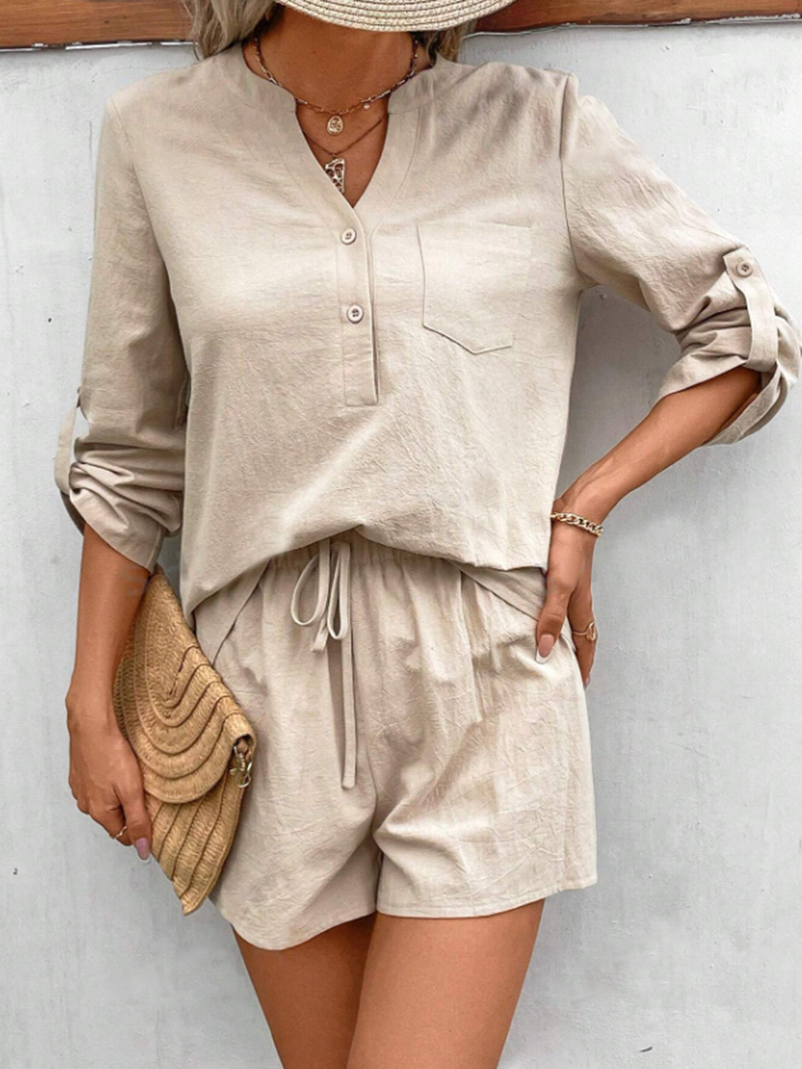 Notched Long Sleeve Top and Shorts Set - House of Binx