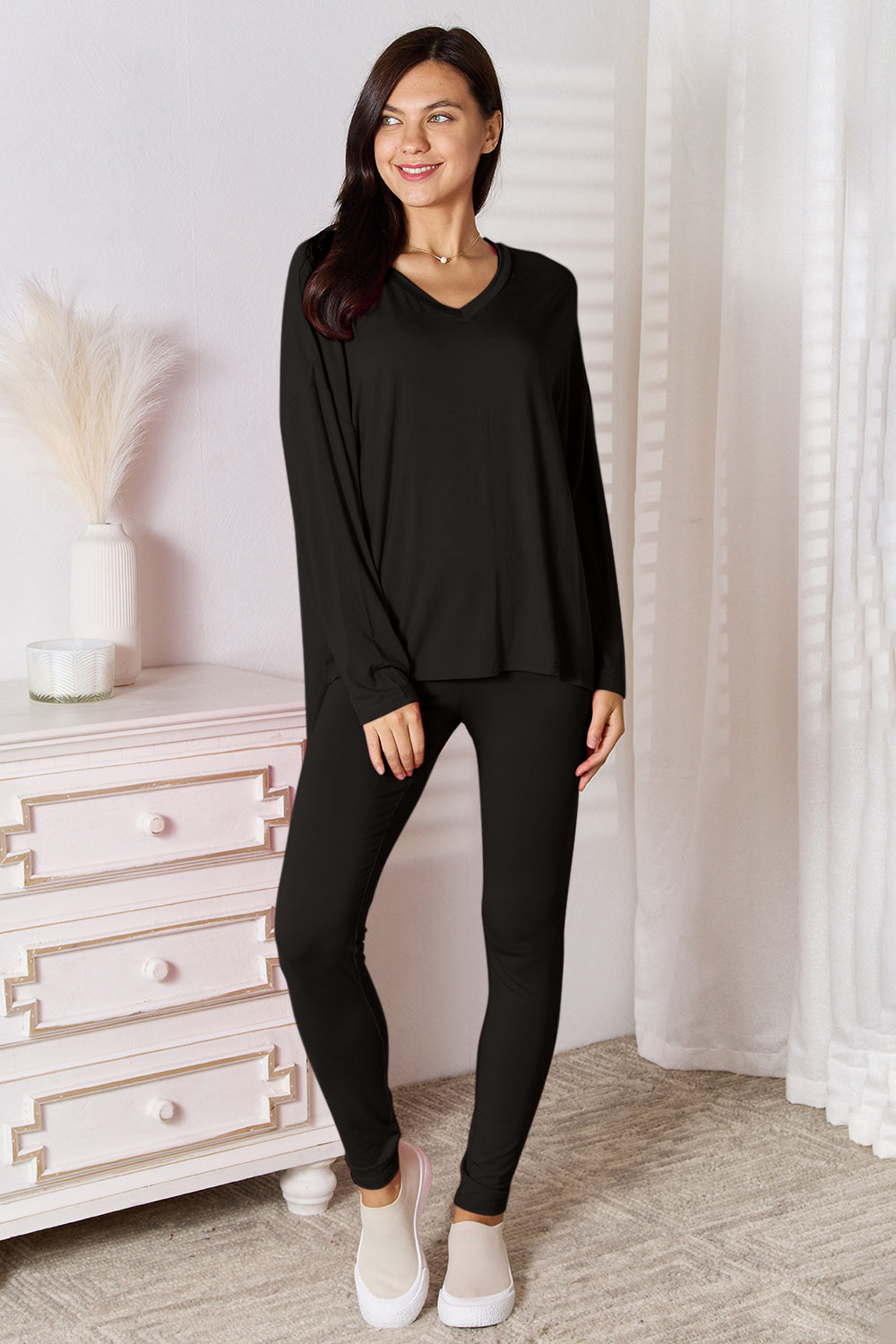 Basic Bae Full Size V-Neck Soft Rayon Long Sleeve Top and Pants Lounge Set - House of Binx