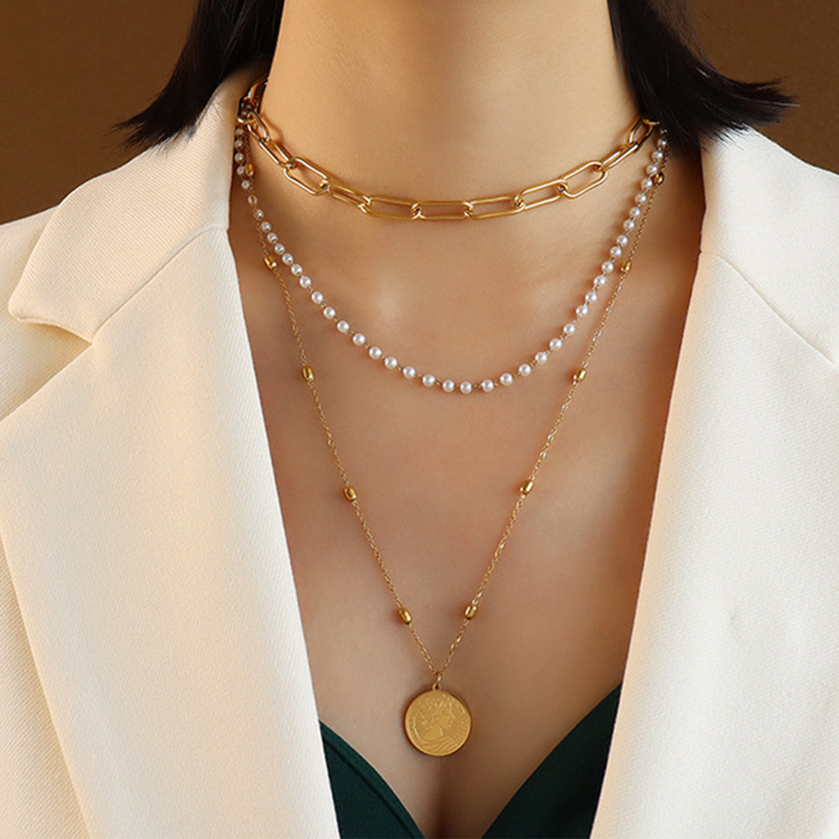 Synthetic Pearl Titanium Steel Three-Layered Necklace - House of Binx