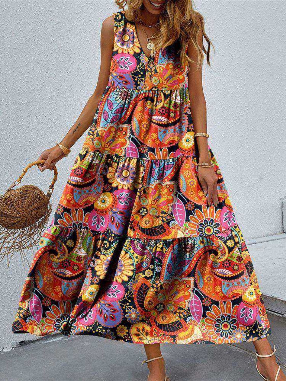 Tiered Printed V-Neck Sleeveless Dress - House of Binx