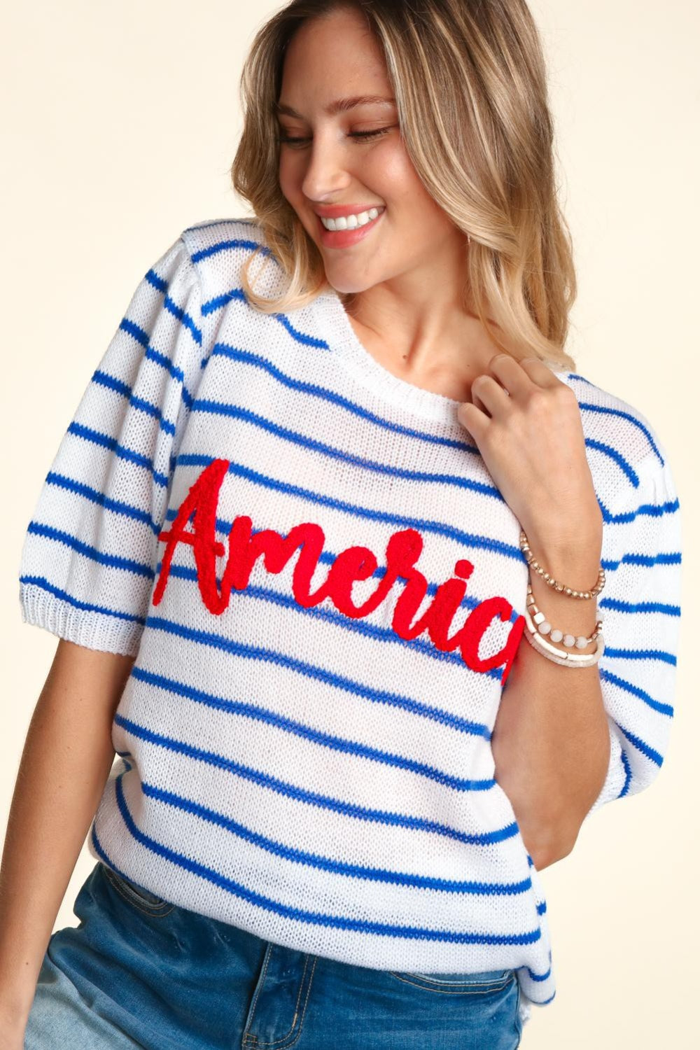 Haptics Letter Embroidery Striped Knit Top - House of Binx