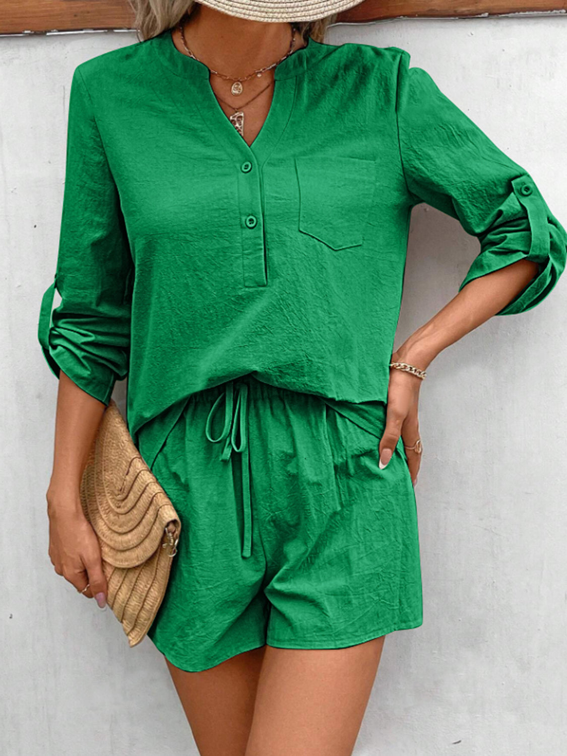 Notched Long Sleeve Top and Shorts Set - House of Binx