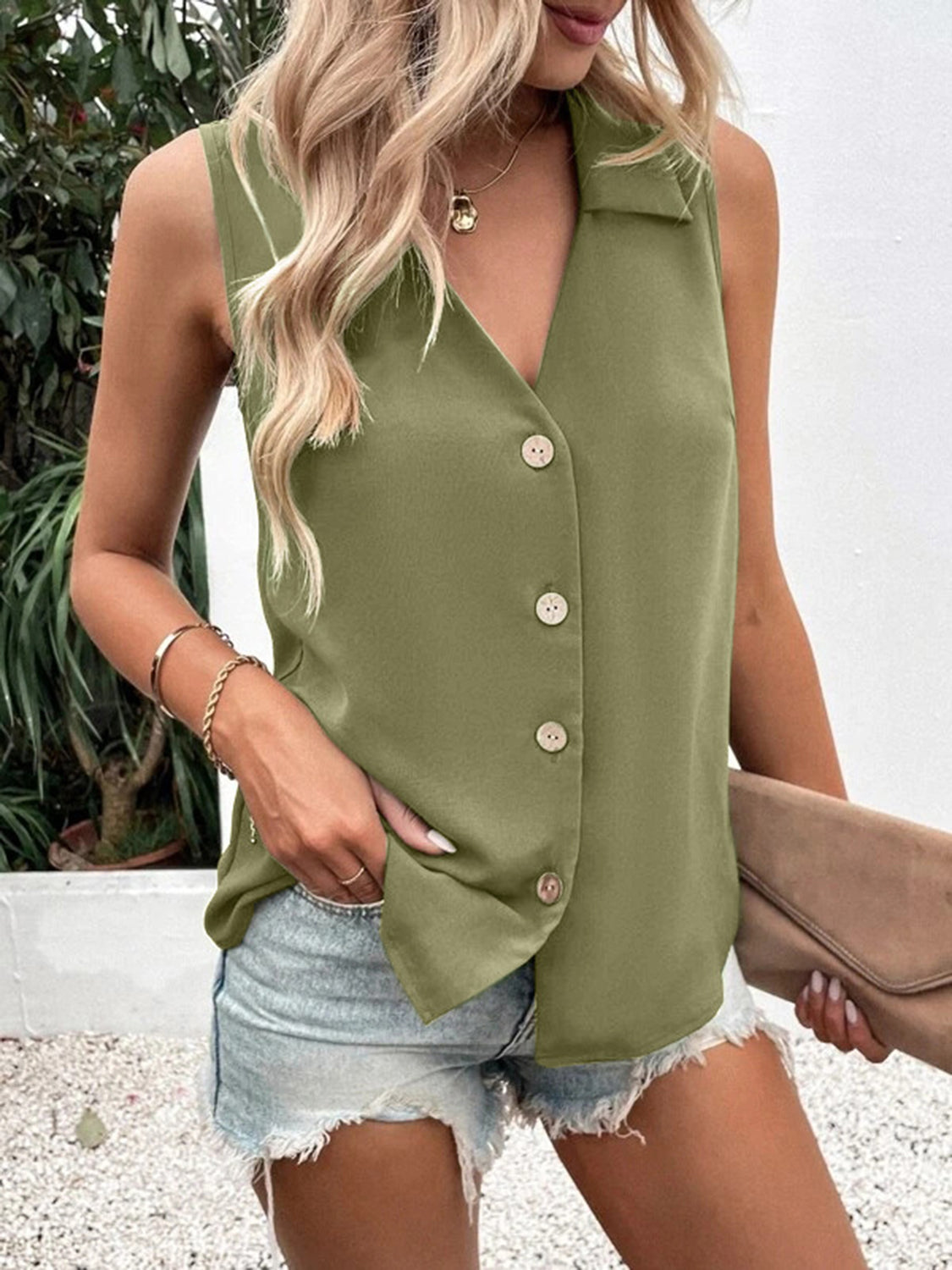 Full Size Johnny Collar Button Up Tank - House of Binx