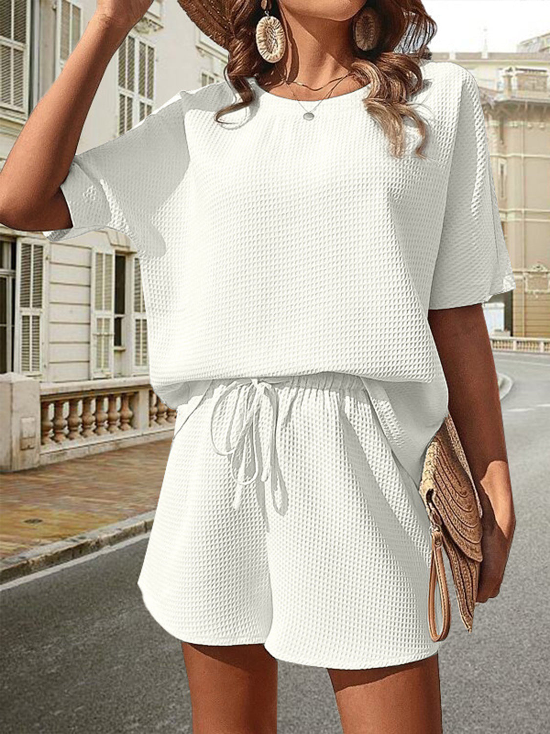 Waffle-Knit Half Sleeve Top and Shorts Set - House of Binx