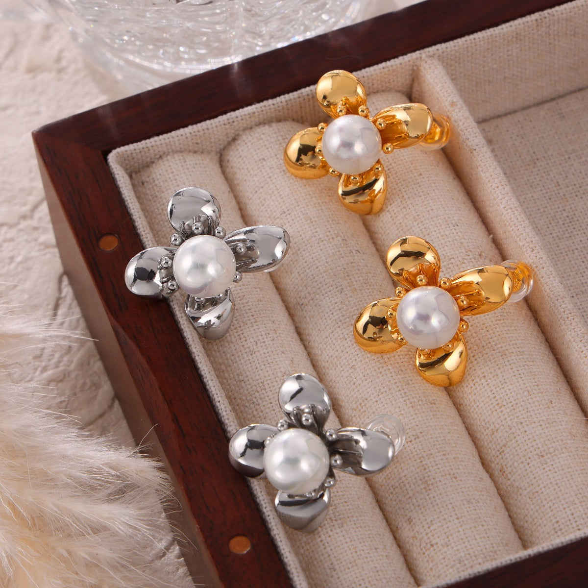 Synthetic Pearl Titanium Steel Flower Earrings - House of Binx