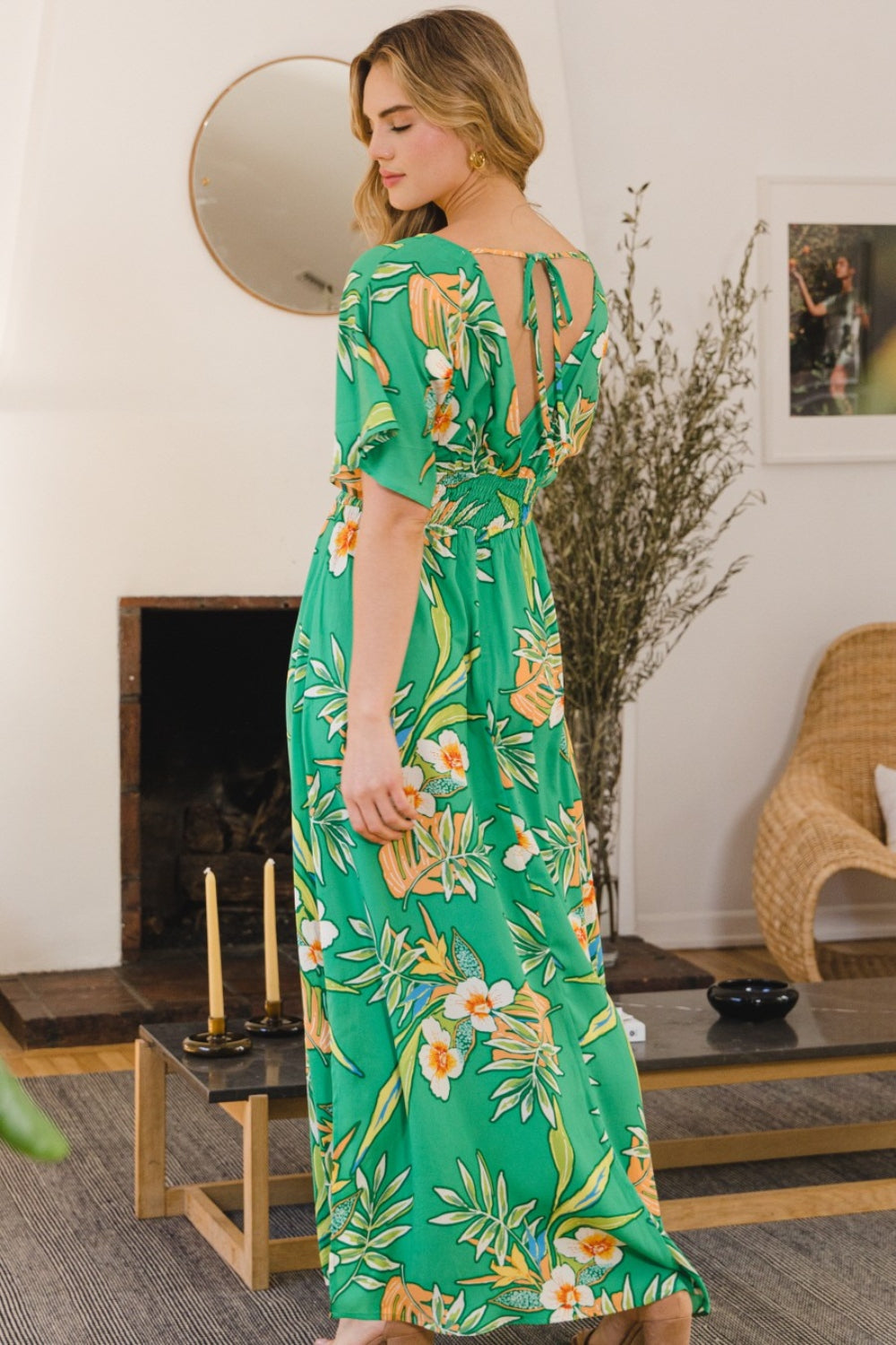 Floral Smocked Tied Back Maxi Dress - House of Binx