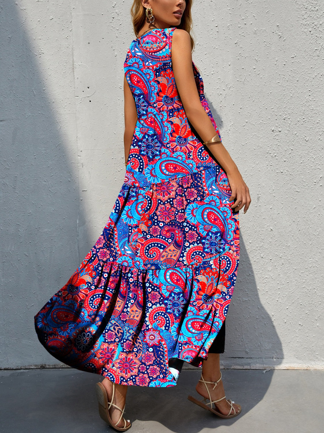 Tiered Printed V-Neck Sleeveless Dress - House of Binx