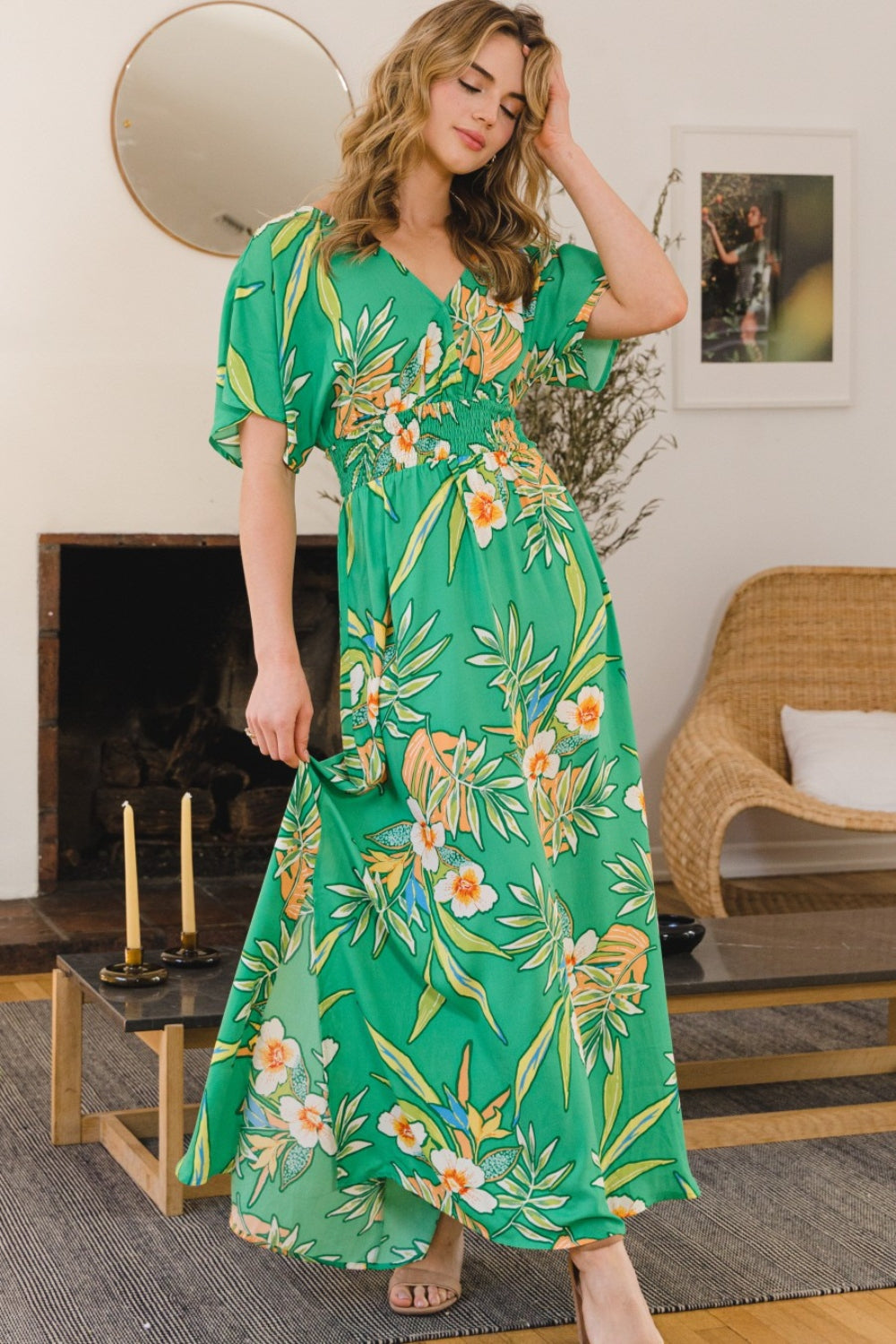Floral Smocked Tied Back Maxi Dress - House of Binx