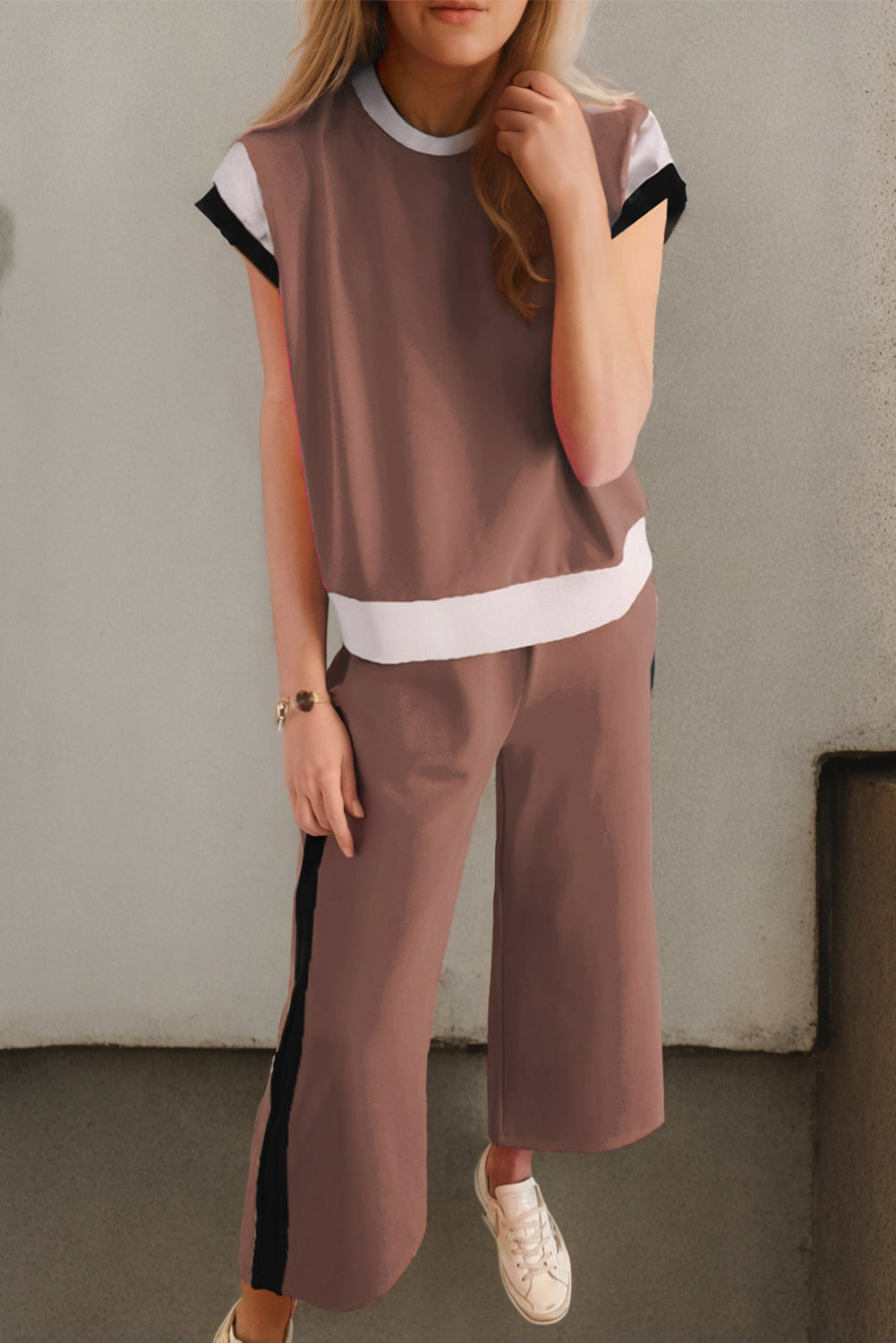 Contrast Round Neck Top and Pants Set - House of Binx