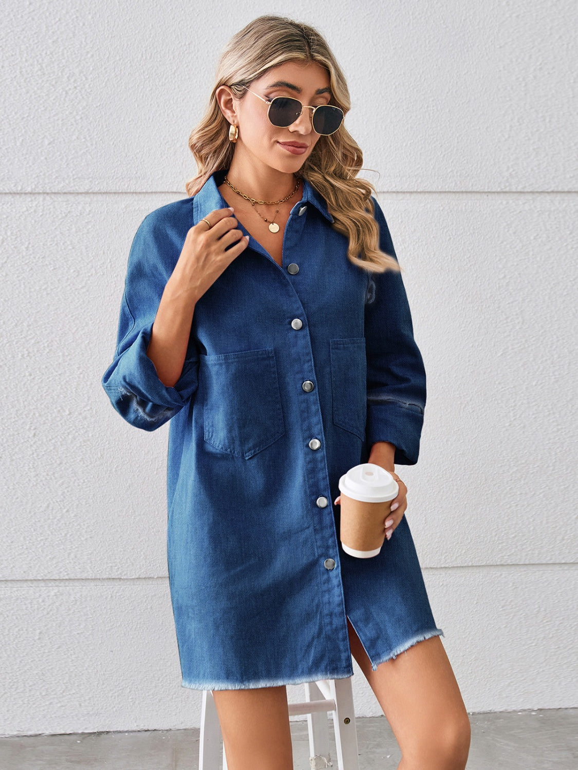 Raw Hem Button Up Denim Dress - House of Binx