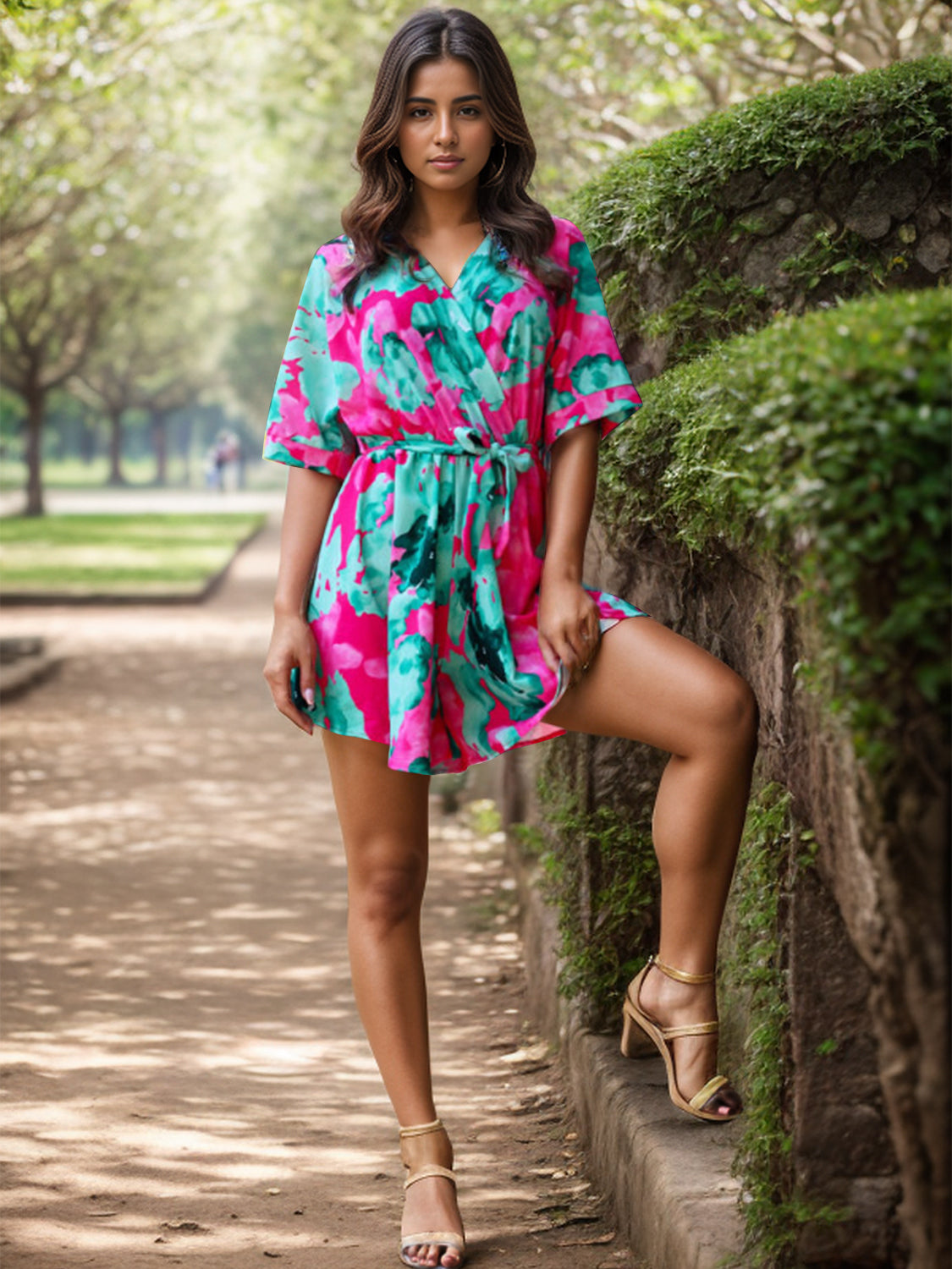 Printed Surplice Half Sleeve Romper - House of Binx