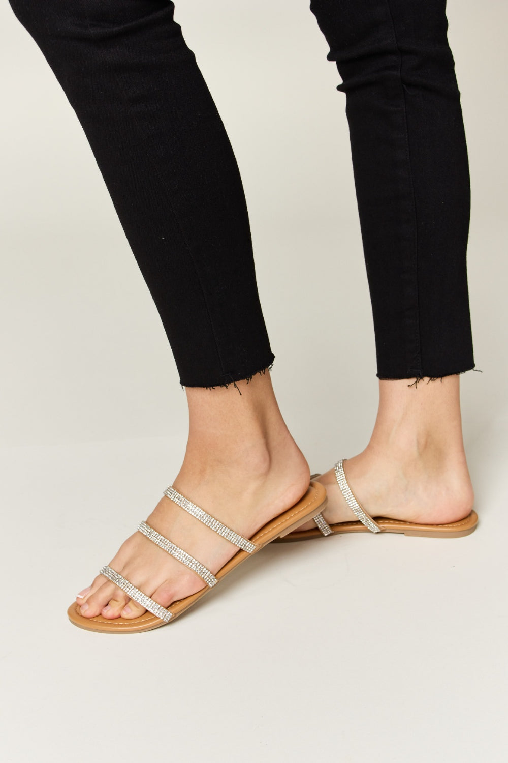 WILD DIVA Rhinestone Three-Strap Flat Sandals - House of Binx
