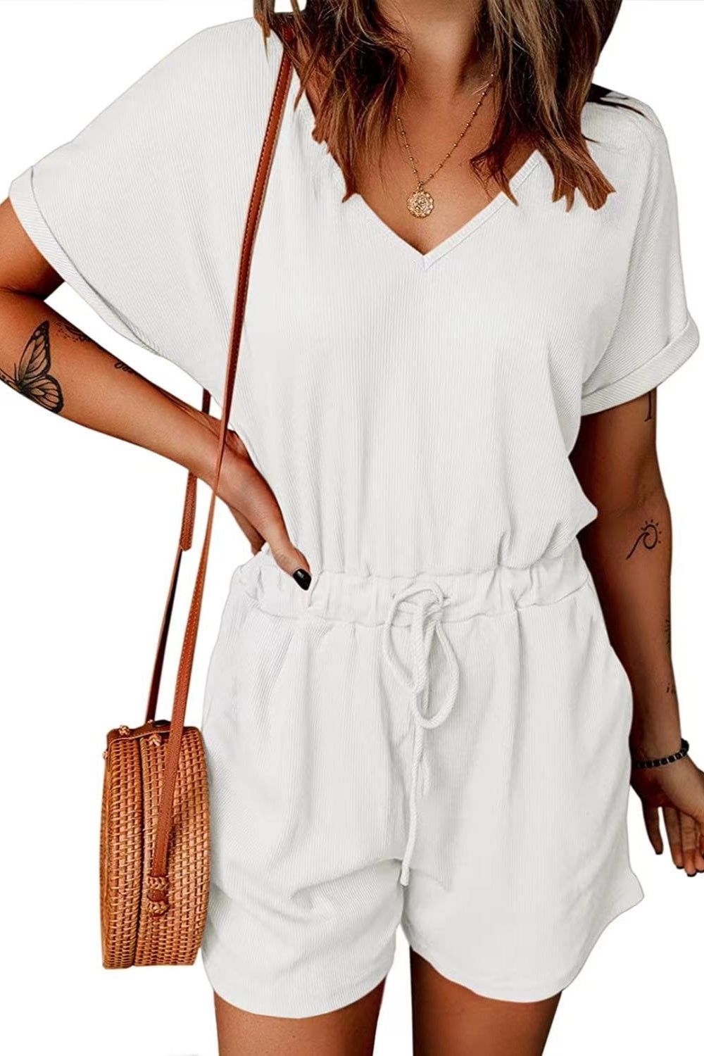 Full Size Drawstring V-Neck Short Sleeve Romper - House of Binx