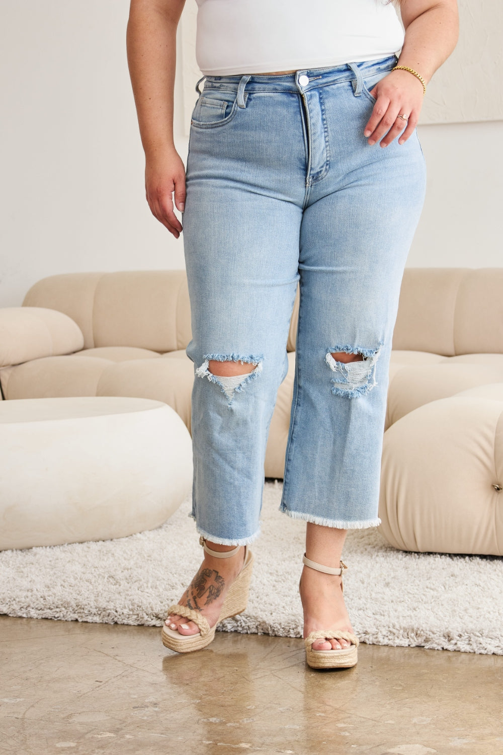 RFM Full Size Tummy Control High Waist Raw Hem Distressed Jeans - House of Binx