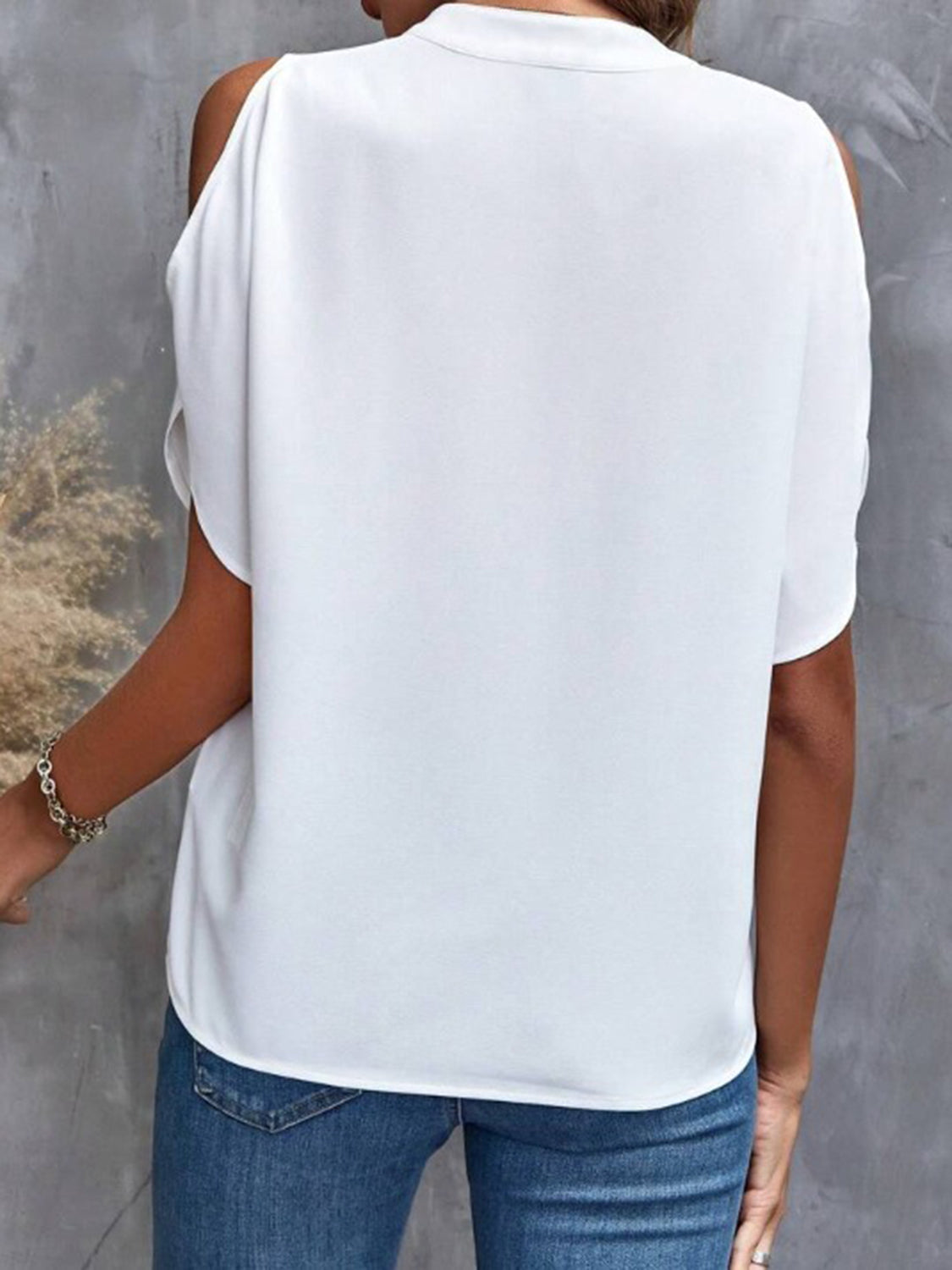 Notched Cold Shoulder Half Sleeve Blouse - House of Binx