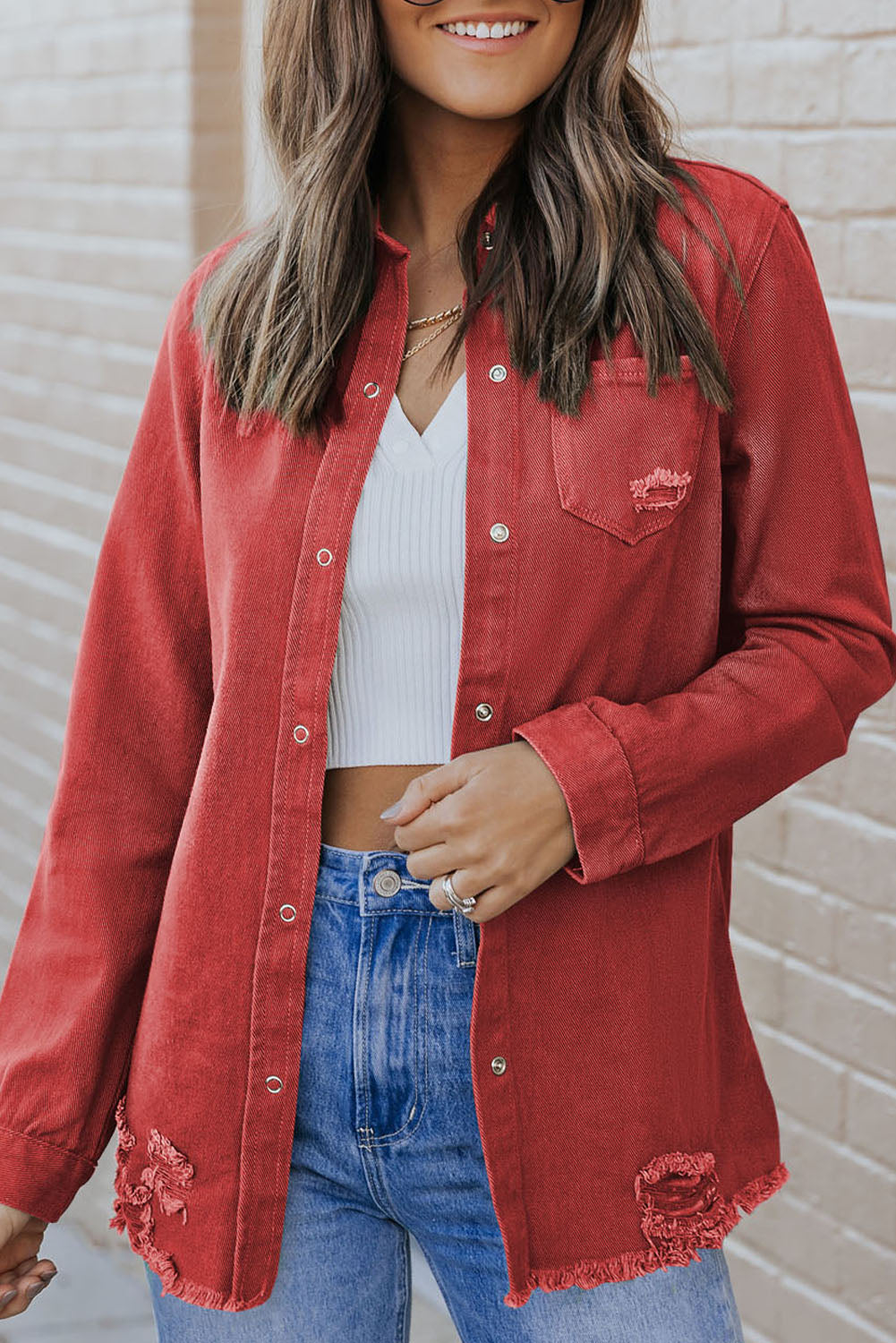 Distressed Raw Hem Snap Down Denim Jacket - House of Binx