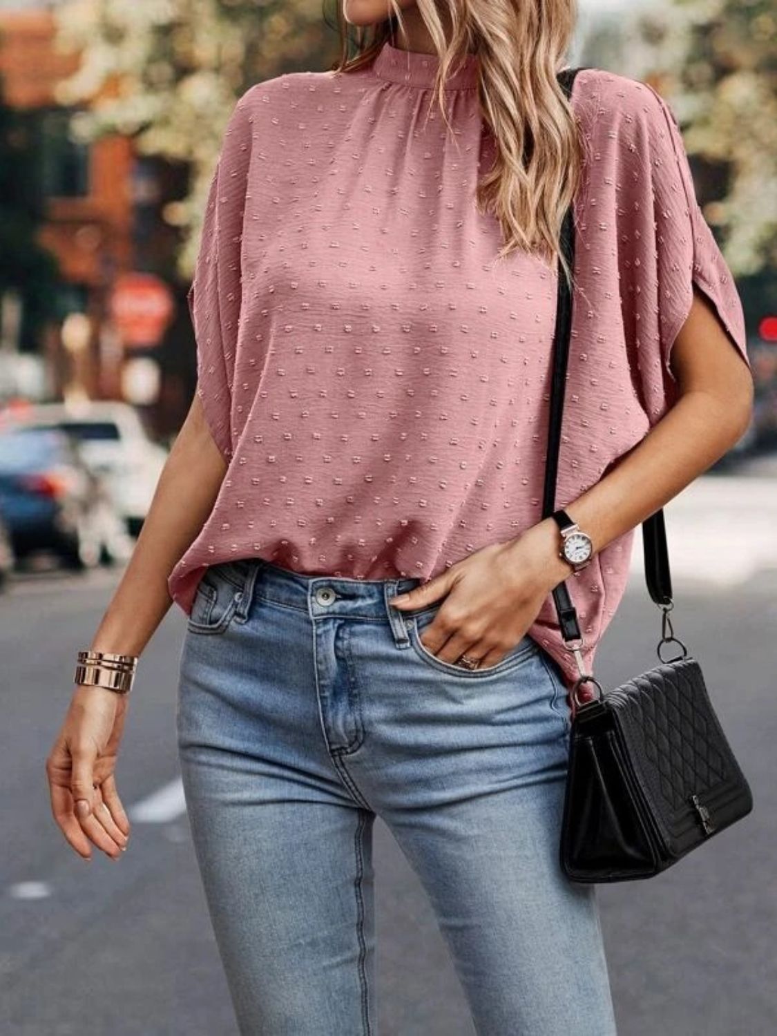 Swiss Dot Mock Neck Half Sleeve Blouse - House of Binx